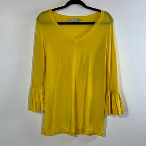Kaffe Sella Pullover Blouse Women’s Medium Yellow V-Neck Pleated Bell Sleeves